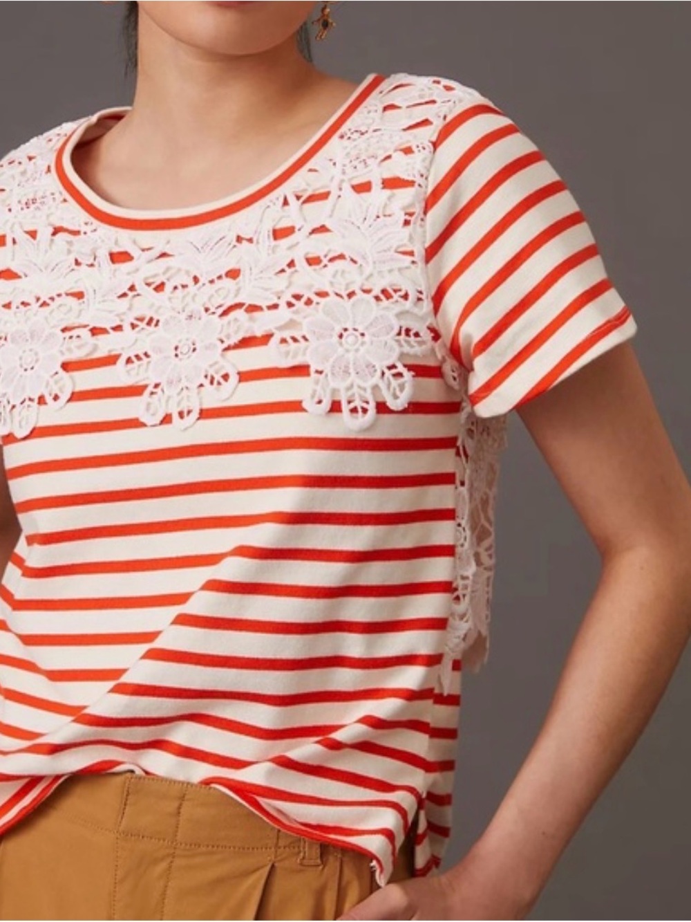 Anthropologie Maeve Red White Striped Lace Crochet Top Large